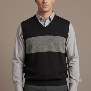 Nicklaus Mens‎ Sweater Vest L Black Gray Colorblock V Neck Cotton